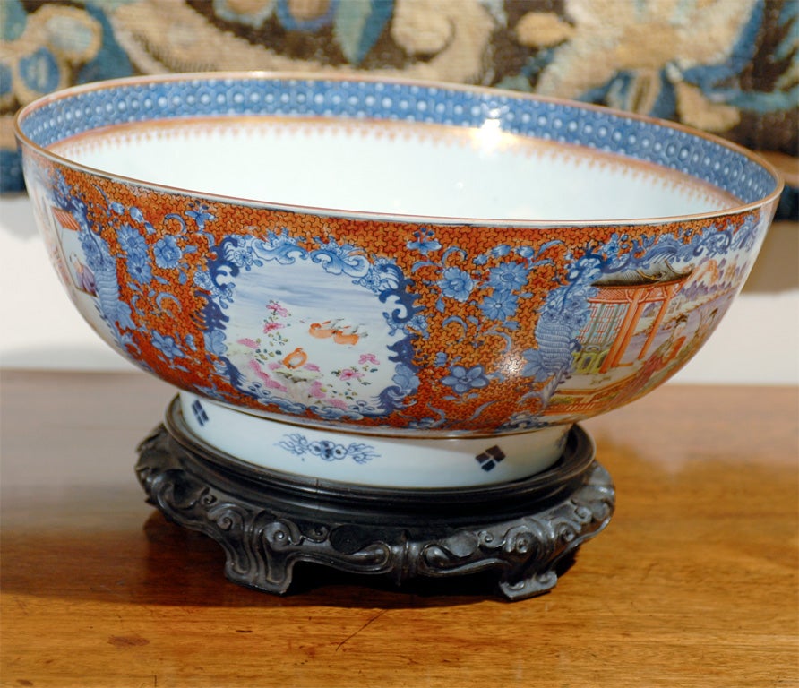 Large Chinese Export Punch Bowl, Painted & Gilt Decoration in Mandarin Palette For Sale 2
