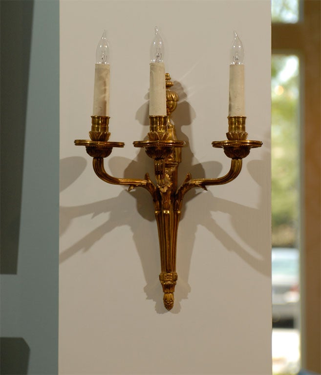 Pair of Maison Goos, 3-Arm, Bronze Sconces with Acorn Finials