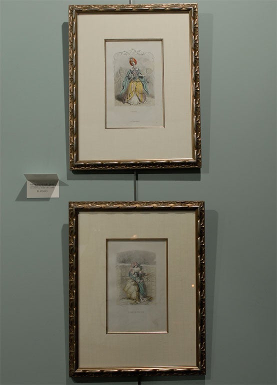 Pair of 19th Century Hand-Colored Engravings by J.J. Grandville, Paris Circa 1847.  The subject is personification of flowers with exquisite hand coloring, specifically tulip and fluer de pecher. These are matted in silk with a silver leafed edge