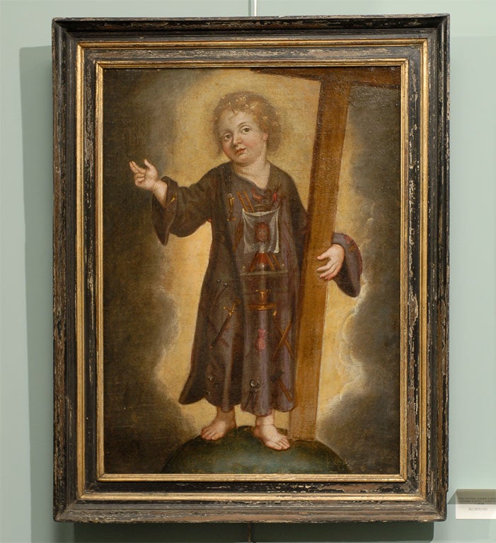 17th Century Flemish Painting (Antwerp School) A Child with a Cross.  The painting is unsigned and remains in an original frame.