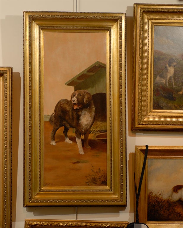 An English large framed vertical oil on canvas painting from the early 20th century signed A.V. Hadley depicting a Newfoundland type of dog painted in the manner of Sir Edwin Henry Landseer. Born in the early years of the 20th century during the
