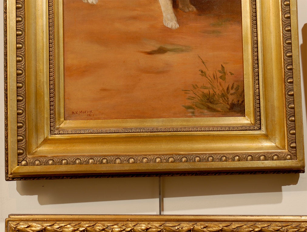 English Framed Vertical Oil on Canvas Dog Painting in the Manner of Landseer In Good Condition In Atlanta, GA