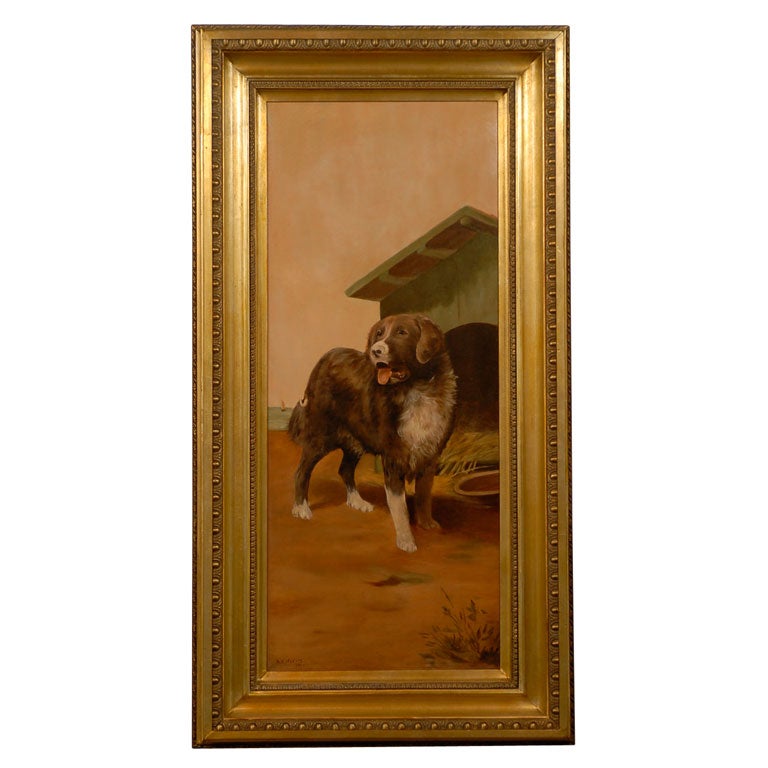English Framed Vertical Oil on Canvas Dog Painting in the Manner of Landseer