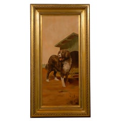 Antique English Framed Vertical Oil on Canvas Dog Painting in the Manner of Landseer