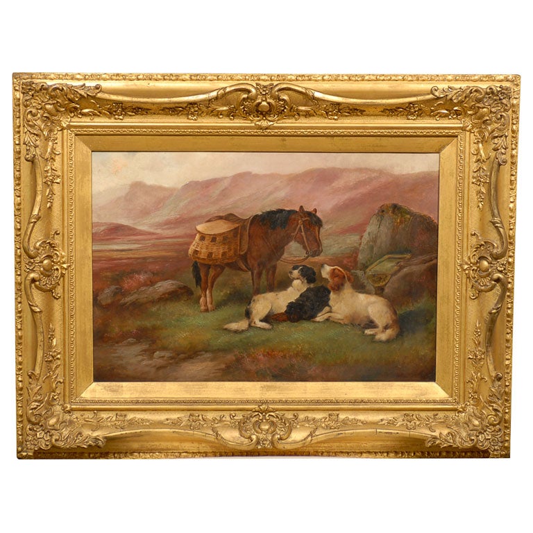 Robert Cleminson 19th Century Landscape Oil Painting with Horse and Dogs