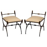 PAIR OF MID CENTURY IRON BENCHES WITH SWAN DETAIL