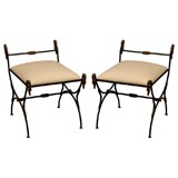 PAIR OF MID CENTURY IRON BENCHES WITH SWAN DETAIL PAIR OF MID CENTURY IRON BENCHES WITH SWAN DETAIL