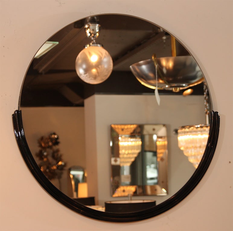 1930's Art Deco Round Mirror with Ebonized Frame
