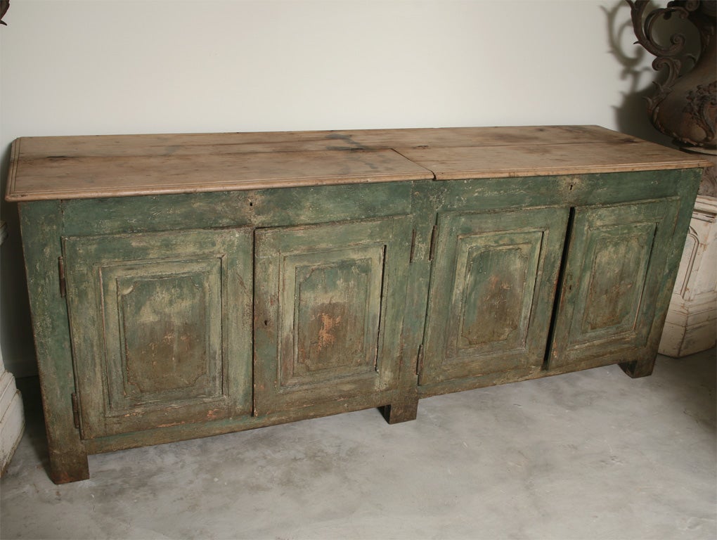 Handsome painted enfilade, from Aveyron region (south central France). Four-paneled doors and 12 small drawers inside. Beautiful colour and patina.