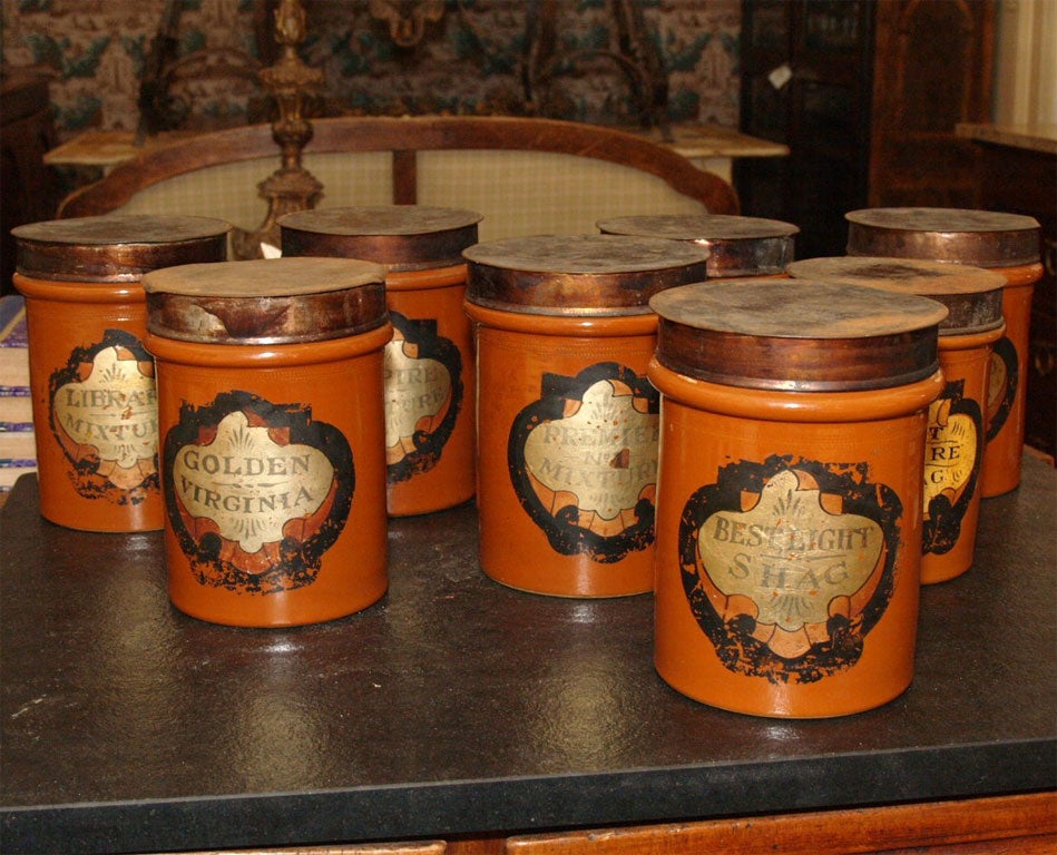 Set of Eight Pottery Tobacconist Canisters