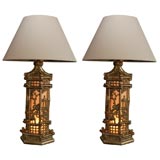 PAIR OF GLAZED  LEAF CARVED  PAGODA LAMPS