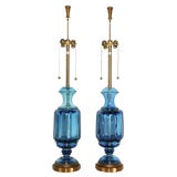 Vintage Pair Huge Barovier Marbro Blue Glass Lamps