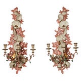 Pair Carved Wood Coral and Shell Sconces