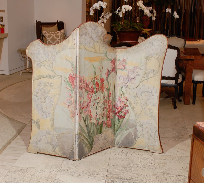 Asymetrical three panel canvas and upholstered bathing screen.  Front painted with beautiful floral scene and the back with the original linen velvet.