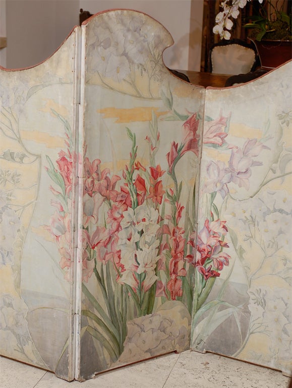 Canvas Beautifully Painted Art Nouveau Bathing Screen For Sale