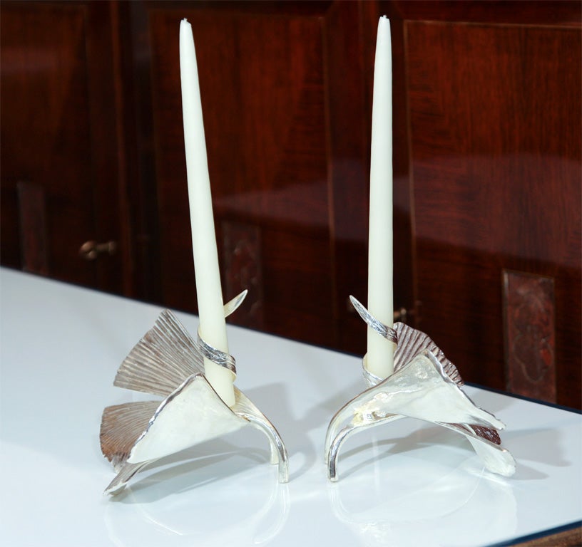 Pair of "Ginkgo" Silvered-Bronze Candlesticks by Marc Bankowsky