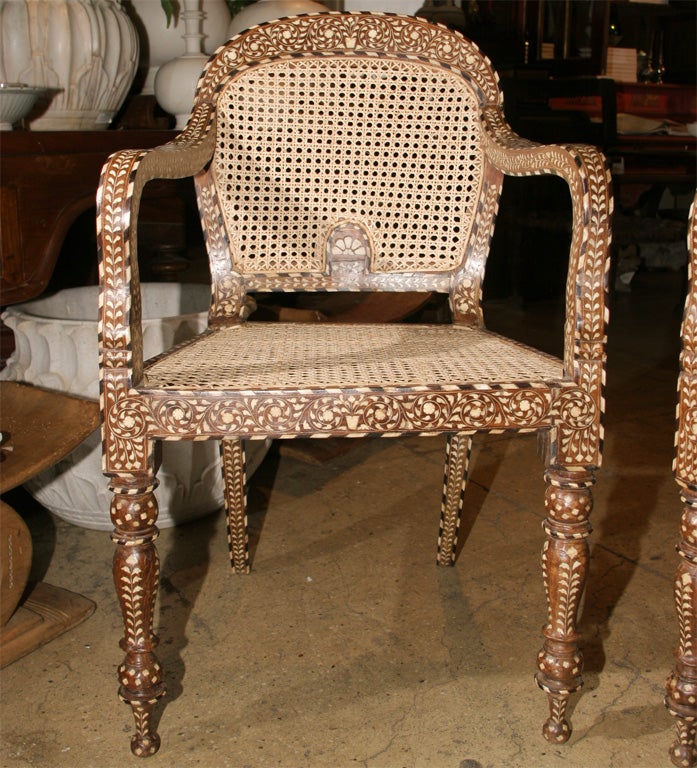 Indian Inlaid Chairs with Round Tops and Cane Seats