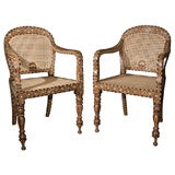Indian Inlaid Chairs with Round Tops and Cane Seats