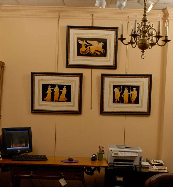 Set of three (3) framed "Hamilton" copper engravings with modern gouache hand coloring. <br />
<br />
Sir William Hamilton - Collection of Etruscan, Greek & Roman Antiquities, Florence edition ca. 1801-08.  Plates influenced by