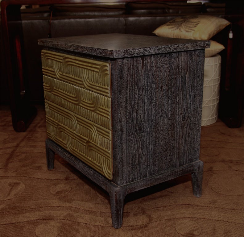 Cerused Henredon-Heritage Collection Nightstand or end table circa 1955 with hand-carved drawer fronts finished in oil-gilded and burnished white gold