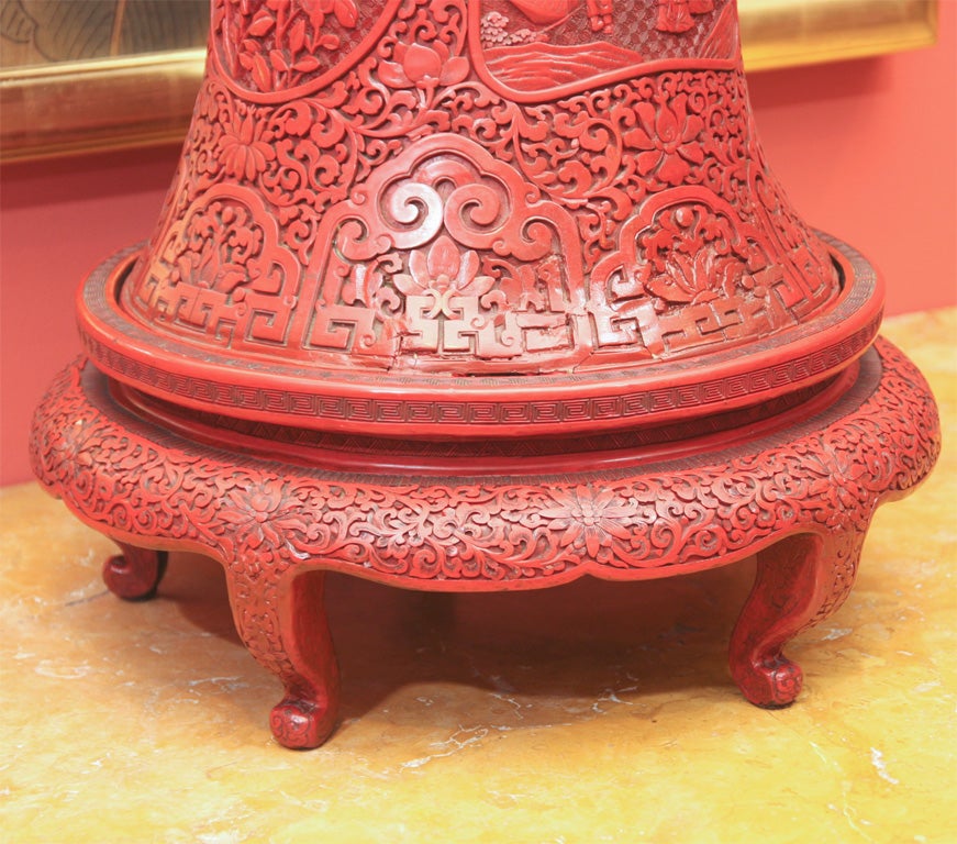 A Pair of Monumental Red Cinnabar Carved Palace Vases