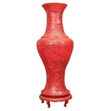 Antique A Pair of Monumental Red Cinnabar Carved Palace Vases