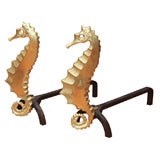 A Pair of Bronze Seahorse Andirons