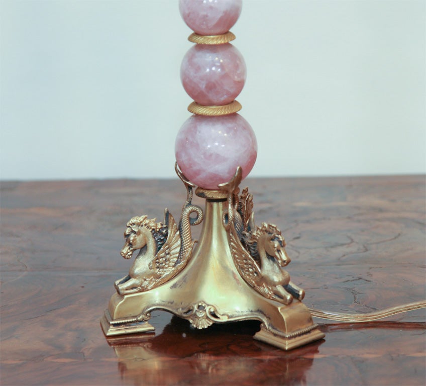 French A Pair of Rose Quartz and Ormolu Candlesticks Mounted as Lamps For Sale