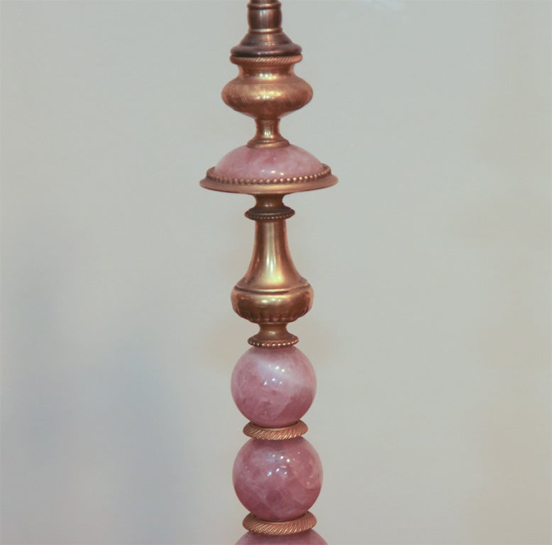 19th Century A Pair of Rose Quartz and Ormolu Candlesticks Mounted as Lamps For Sale