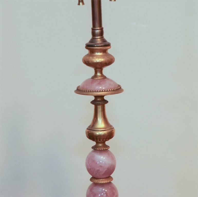 A Pair of Rose Quartz and Ormolu Candlesticks Mounted as Lamps For Sale 1