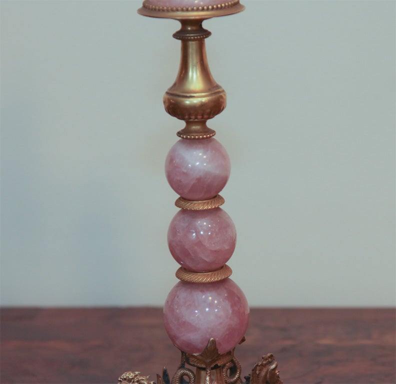 A Pair of Rose Quartz and Ormolu Candlesticks Mounted as Lamps For Sale 3
