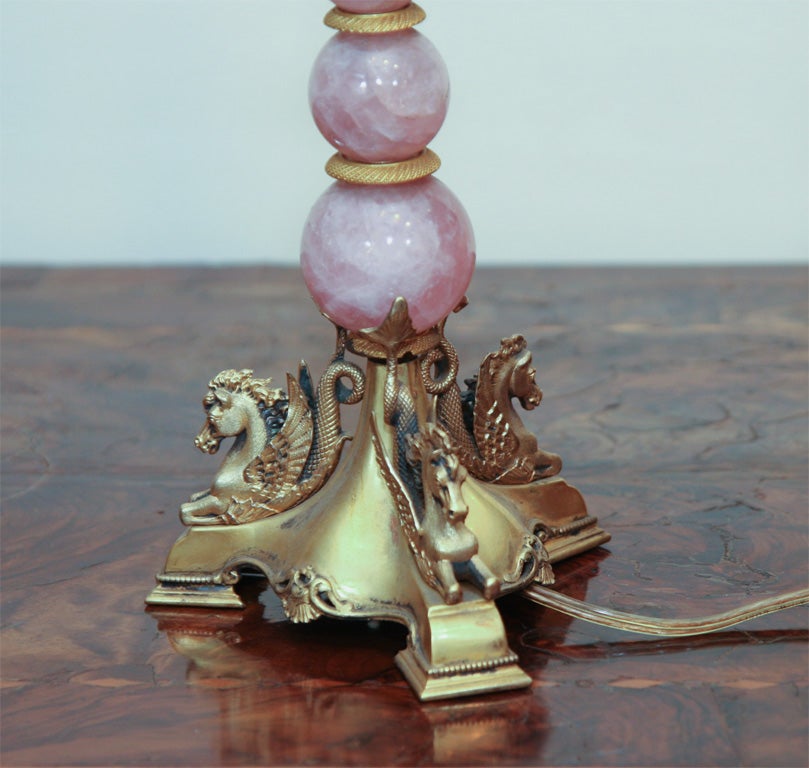 A Pair of Rose Quartz and Ormolu Candlesticks Mounted as Lamps For Sale 4