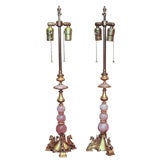 A Pair of Rose Quartz and Ormolu Candlesticks Mounted as Lamps