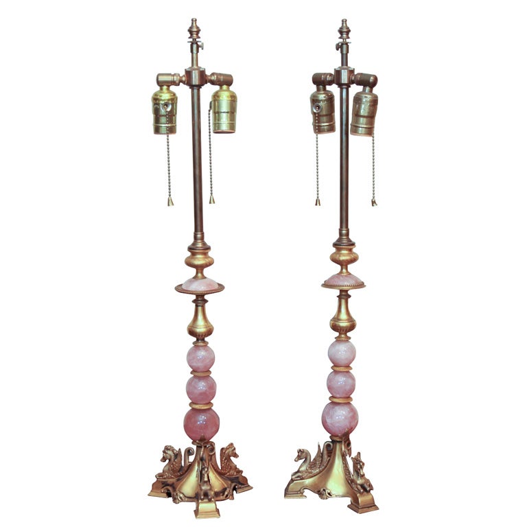A Pair of Rose Quartz and Ormolu Candlesticks Mounted as Lamps For Sale