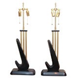 A Pair of Mod Ebonized and Brass Lamps