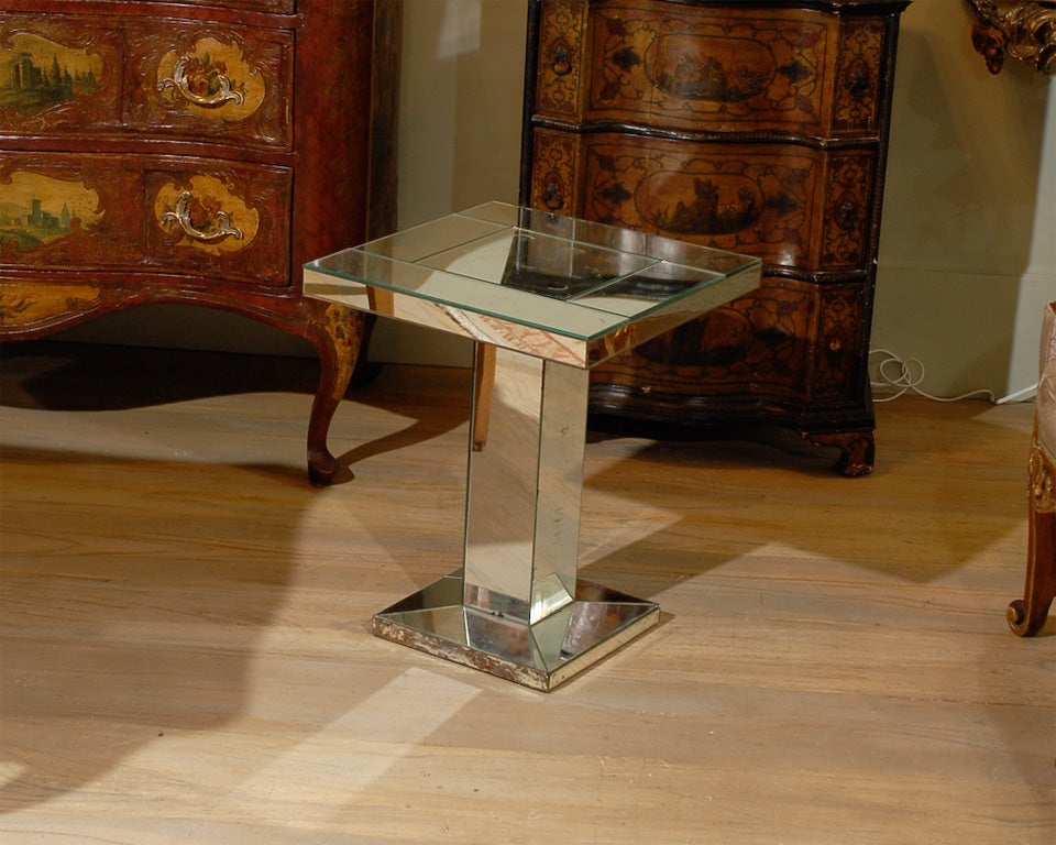 1940's French Square Mirrored Table with pedestal base. France.