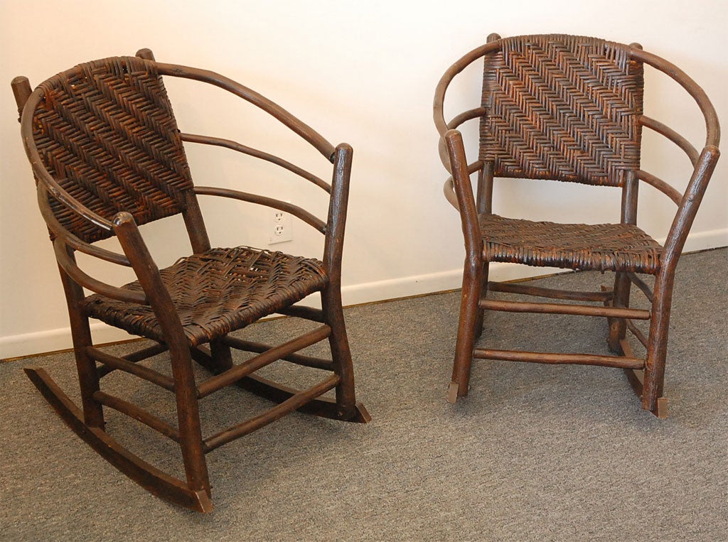 RARE AND ALL ORIGINAL DARK BROWN AGED SURFACE TWO PIECES<br />
 HICKORY ROCKING CHAIRS  SIGNED ''OLD HICKORY' MARTINSVILLE INDIANA-GREAT SURFACE