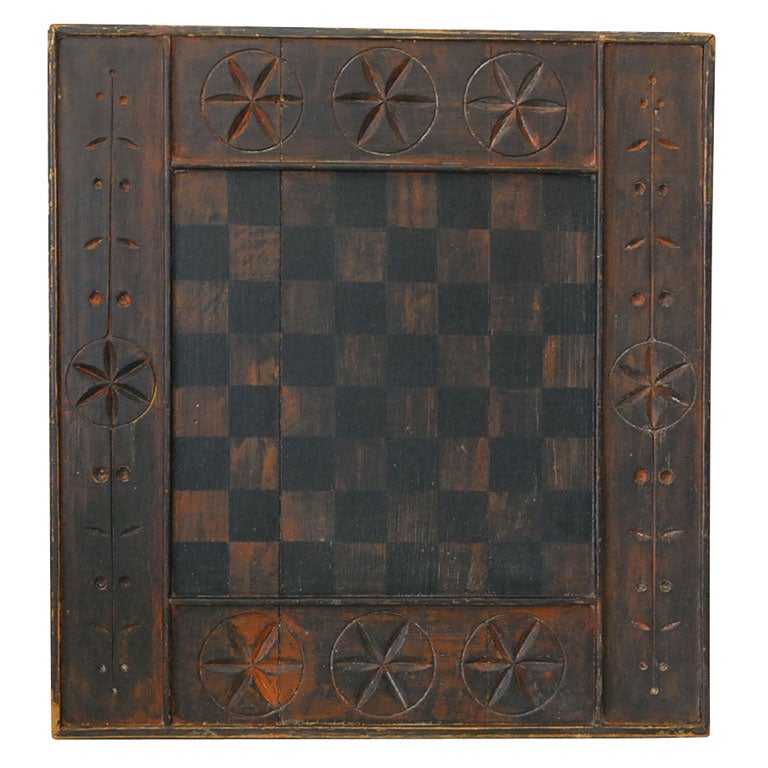 19THC  HAND CARVED  AND PAINTED  GAMEBOARD
