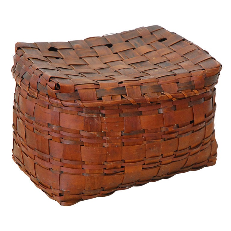 19TH C. MAINE INDIAN POTATO STAMP BASKET WITH LID