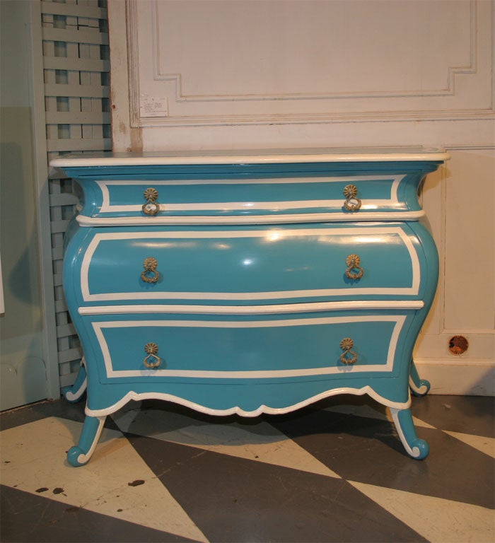 Newly painted turquoise and white French bombe chest. Was featured in our Kips Bay Show House room. Original hardware.