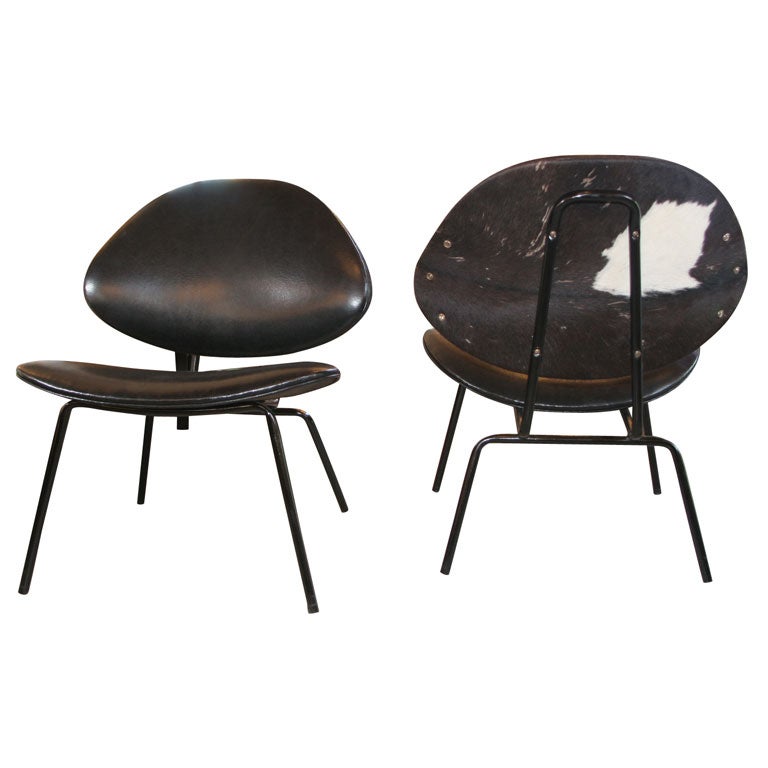 Pair Leather and Cow Hide Slipper Chairs