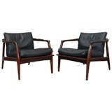 Pair of Milo Baughman lounge chairs with black leather cushions