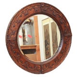 Victorian Carved Oak Round Mirror, England, Late 19th Century