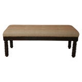 Spool Leg Upholstered Burlap and Nailhead Bench