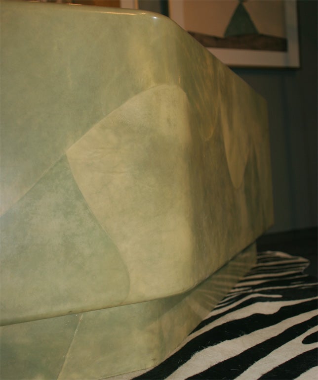 Wood Goat skin cocktail table in jade green - Trapezoid Shape