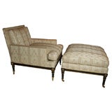 Side Chair and Ottoman Neoclassical Ebonized Frame Linen Silk
