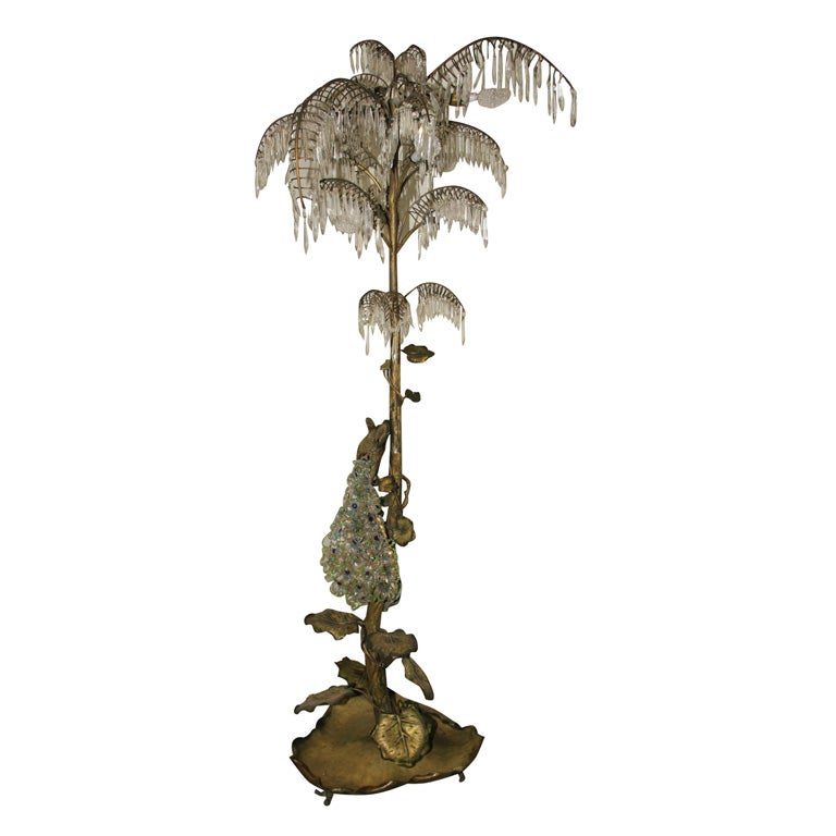 French Bronze Peacock Floor Lamp with Czech Crystal