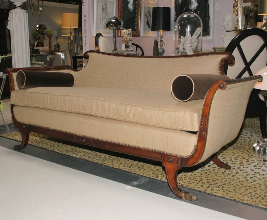 Offered here is a handsome sofa reupholstered in burlap and chocolate brown velour chased in nailheads.