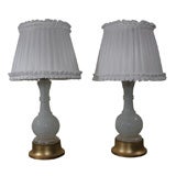 PAIR Vintage Opaline Lamps Gilt Trim Butterfly Box Pleat Shades