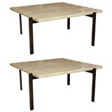 Pair of Contemporary Travertine and Patinated Steel Low Tables
